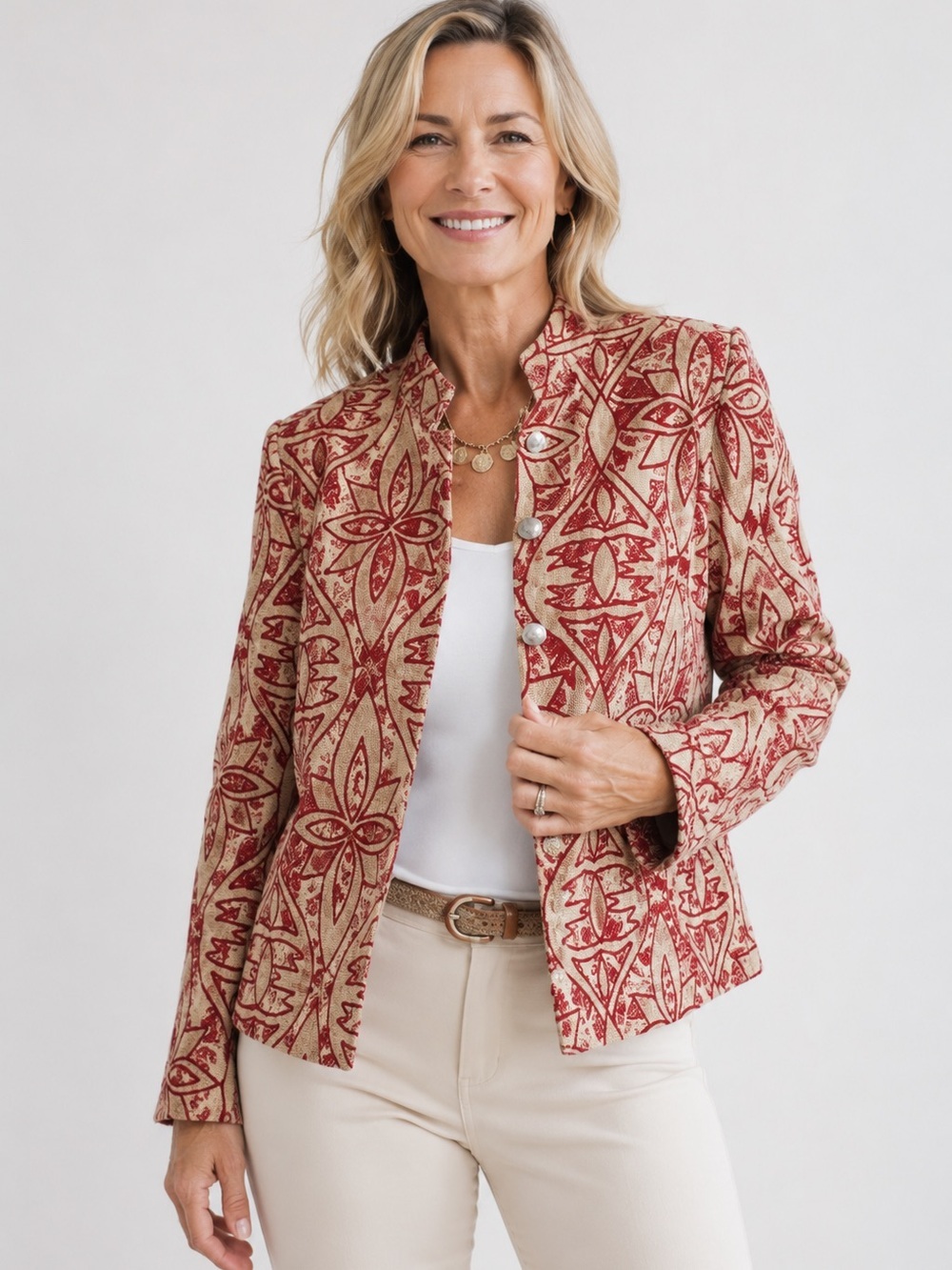 Coldwater Creek Petite XS Red Beige Printed Blazer Jacket Boho Tribal
